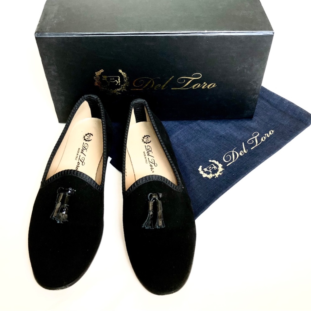 Del Toro Vero Cuoio Black Suede Slipper w/ Tassel Slip On Loafer Flat Shoes Sz 7
